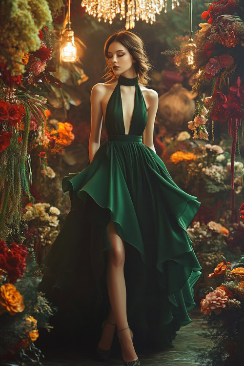 A fashionable woman in a forest green high-low gown with a halter neckline and layered skirt, standing near a brightly lit floral wedding centerpiece