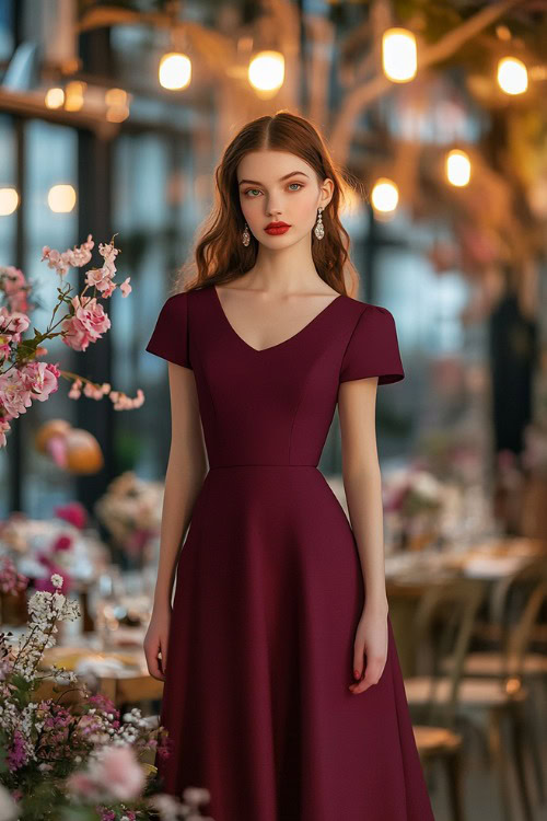 A fashionable woman in a maroon A-line midi dress with a square neckline and cap sleeves, standing near a brightly lit wedding reception setup surrounded by fresh spring blooms