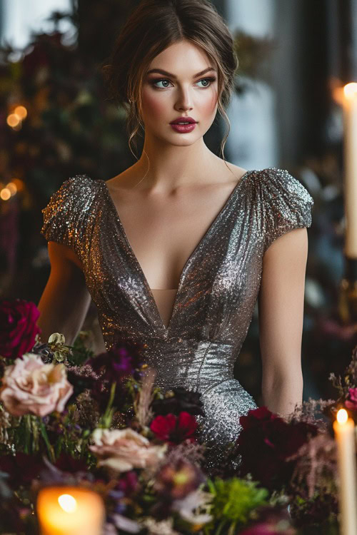 A fashionable woman in a metallic silver bubble dress with a structured neckline and subtle floral accents, standing near a candlelit floral wedding centerpiece