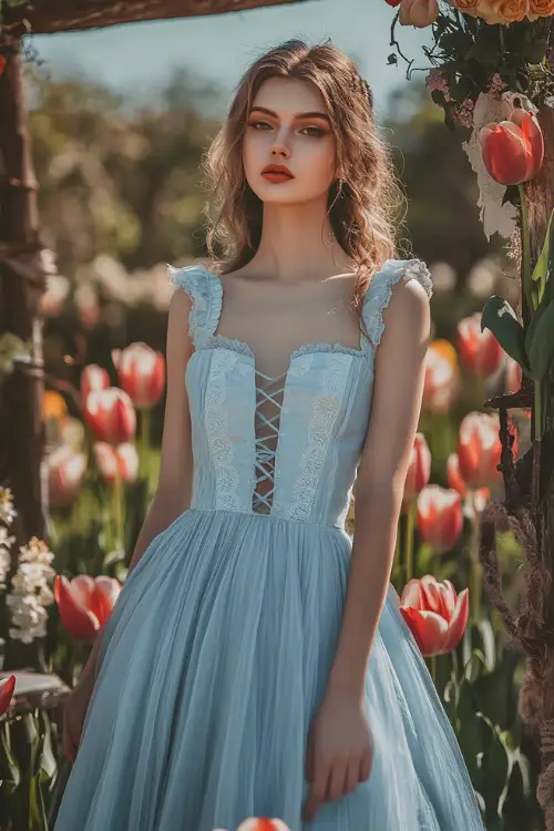 A fashionable woman in a pastel blue sleeveless midi dress with a pleated skirt, a square neckline