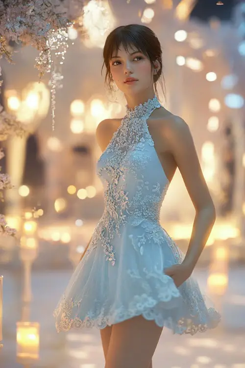 A fashionable woman in a pastel blue sleeveless short dress with a halter neckline, floral lace detailing