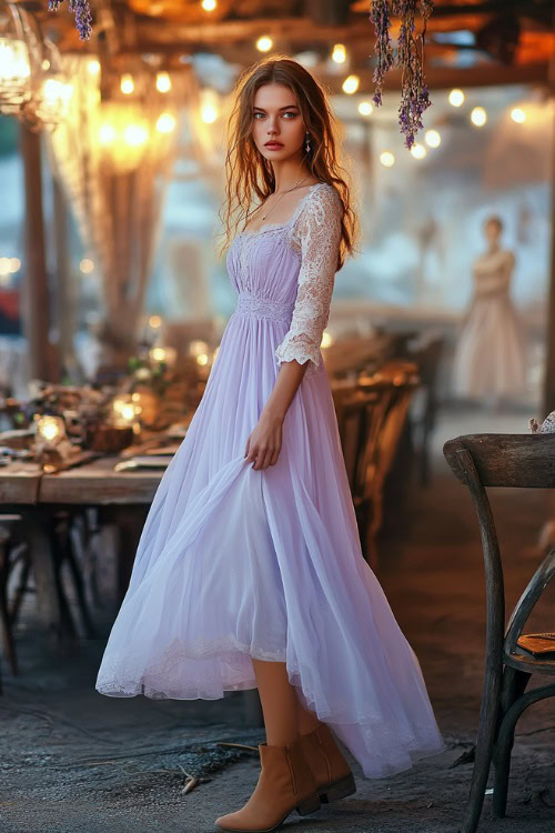 A fashionable woman in a pastel lavender empire waist maxi dress with lace sleeves and a flowing hem, paired with tan ankle boots