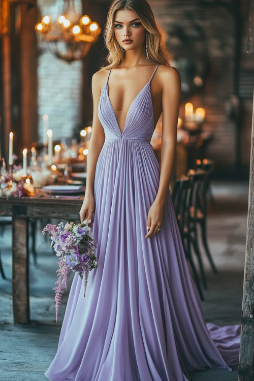 A fashionable woman in a pastel lavender high-low maxi dress with a halter neckline, a pleated skirt, and floral appliqués, posing near a candlelit outdoor wedding reception table