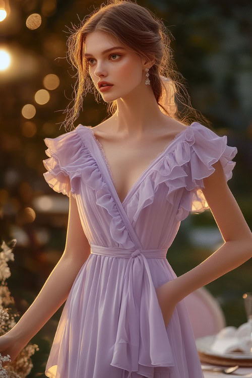 A fashionable woman in a pastel lavender short wrap dress with flutter sleeves, ruffle details, and a gathered waist