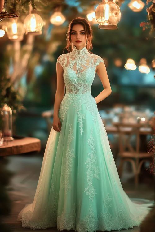 A fashionable woman in a pastel mint green A-line gown with a lace overlay, high neckline, and scalloped hem, standing near a night wedding reception with soft lighting