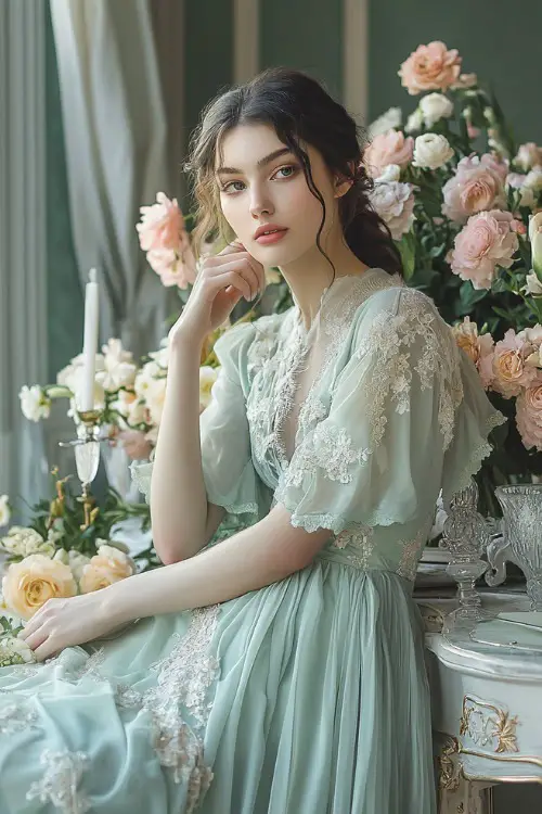 A fashionable woman in a pastel mint green floor-length wrap dress with a cinched waist, lace appliqués