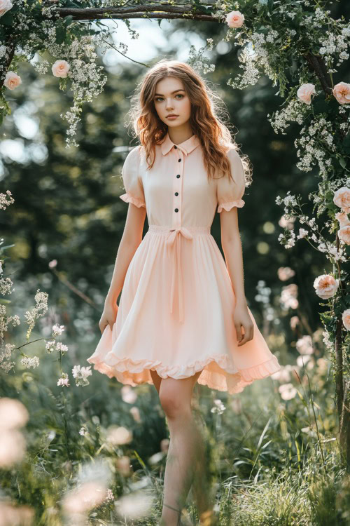 A fashionable woman in a pastel peach collared knee-length dress with button-down details, flutter sleeves, and a flared hem (2)