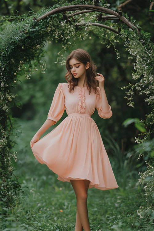 A fashionable woman in a pastel peach collared knee-length dress with button-down details, flutter sleeves, and a flared hem