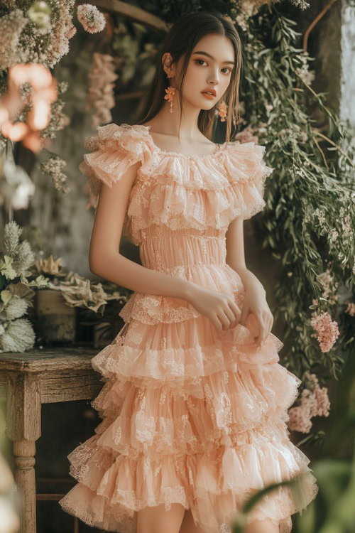 A fashionable woman in a pastel peach knee-length dress with a tiered skirt, flutter sleeves, and floral prints, standing near a rustic spring wedding setup with greenery (2)