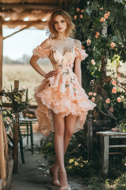 A fashionable woman in a pastel peach knee-length dress with a tiered skirt, flutter sleeves, and floral prints, standing near a rustic spring wedding setup with greenery