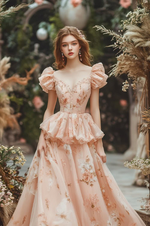 A fashionable woman in a pastel peach midi-length A-line dress with short flutter sleeves, floral prints, and a ruffled hem, posing near a grand spring wedding stage