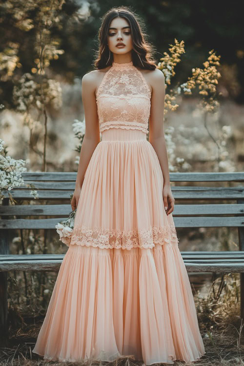 A fashionable woman in a pastel peach sleeveless ankle-length dress with a high neckline, floral lace accents, and a pleated skirt, standing near a rustic spring wedding bench (2)