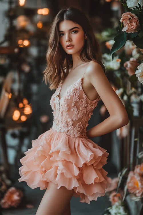 A fashionable woman in a pastel peach sleeveless short dress with a layered hemline, lace appliqués, and a fitted bodice, standing near a softly glowing floral wedding reception area (2)