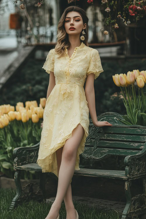 A fashionable woman in a pastel yellow short-sleeve midi dress with a high-low hem and subtle floral appliqués, posing near an outdoor wedding bench decorated with tulips