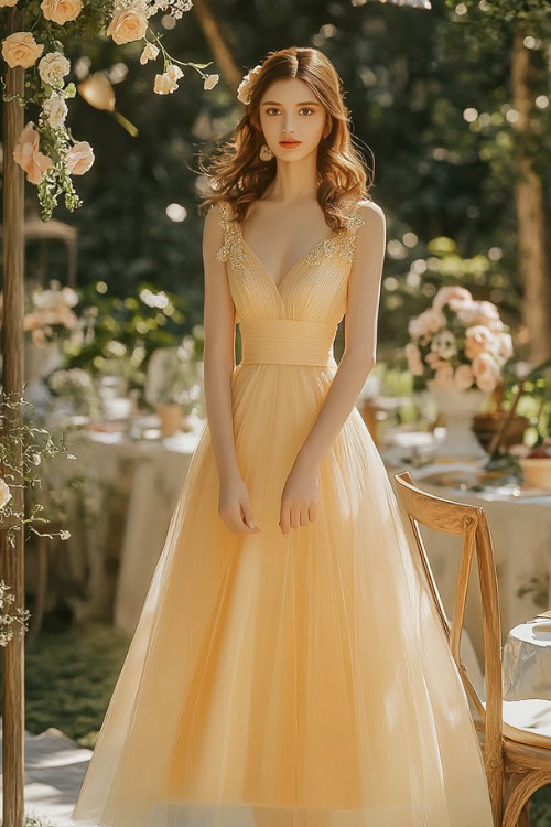 A fashionable woman in a pastel yellow tea-length dress with a tulip hemline and floral accents, standing near an open garden wedding setup