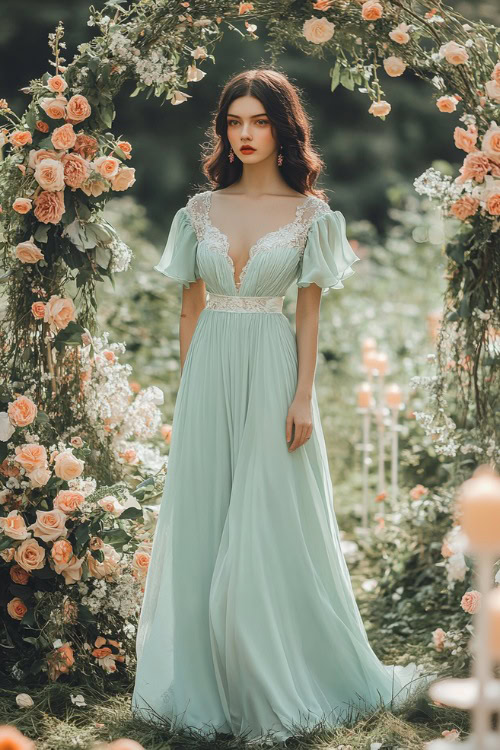 A fashionable woman in a soft mint green tea-length A-line dress with a fitted bodice and flutter sleeves, standing near a floral wedding arch adorned with candles (2)