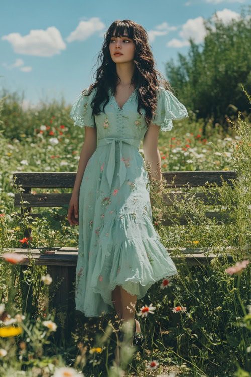 A fashionable woman in a soft mint green wrap midi dress with an asymmetrical hemline, flutter sleeves, and floral embroidery