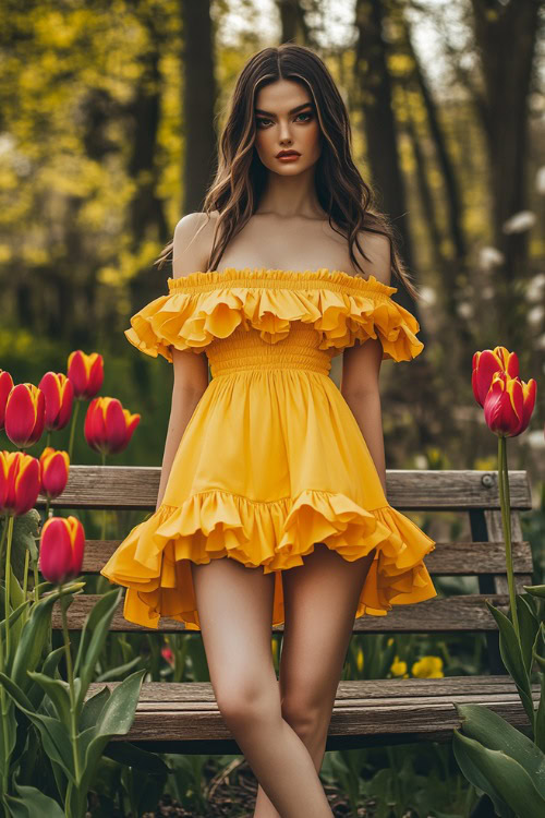 A fashionable woman in a sunflower yellow A-line cocktail dress ending mid-thigh, featuring a smocked bodice, flutter sleeves, and layered ruffles