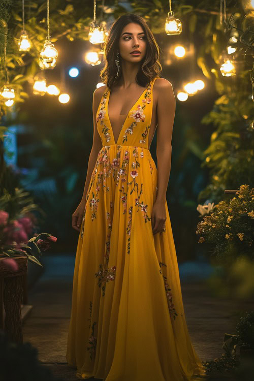 A fashionable woman in a sunflower yellow halter dress with a high-low hemline and floral embroidery, standing near a spring wedding setup with softly glowing fairy lights