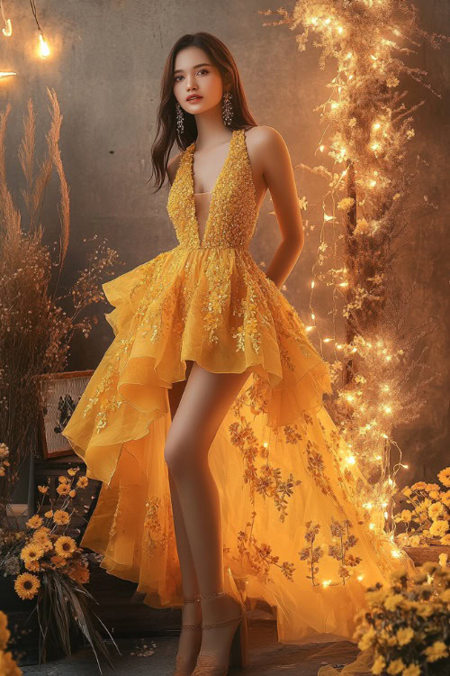 A fashionable woman in a sunflower yellow halter dress with a high-low hemline and floral embroidery