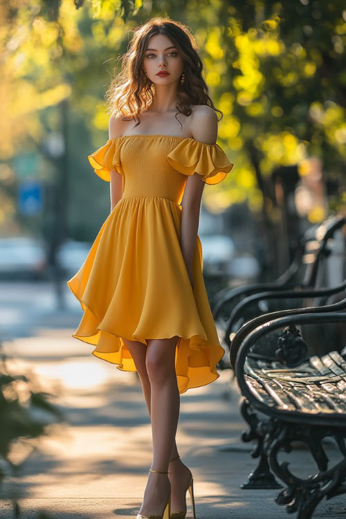 A fashionable woman in a sunflower yellow midi dress with a cinched waist, flutter sleeves, and ruffled hem, standing near a brightly lit outdoor wedding bench