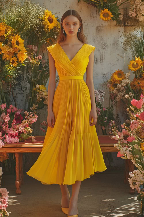 A fashionable woman in a sunflower yellow sleeveless wrap dress with a cinched waist, asymmetrical hemline, and pleated detailing