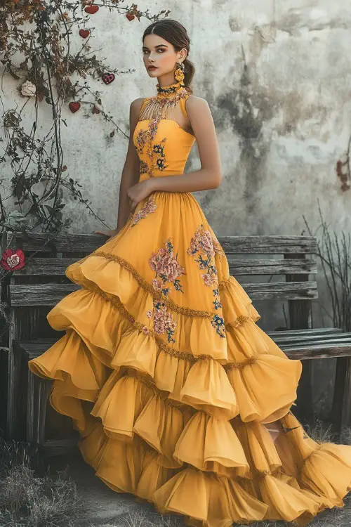 A fashionable woman in a sunflower yellow tea-length dress with a high neckline, floral lace appliqués