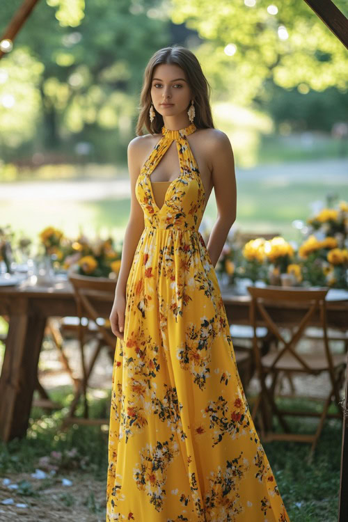 A fashionable woman in a sunflower yellow tea-length midi dress with a halter neckline and floral prints, standing near a rustic outdoor wedding reception setup