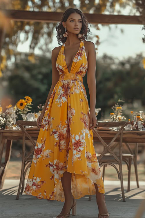 A fashionable woman in a sunflower yellow tea-length midi dress with a halter neckline and floral prints