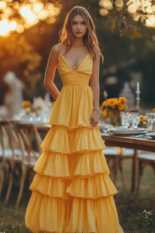 A fashionable woman in a sunflower yellow tiered maxi dress with a square neckline, cinched waist, and subtle ruffles, posing near a brightly lit outdoor wedding reception table