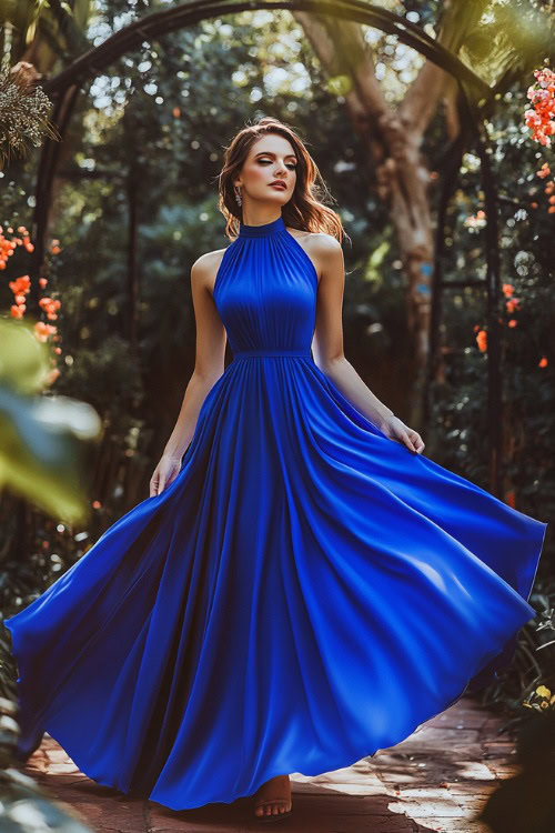 A fashionable woman wearing a cobalt blue flowing maxi dress with a high neckline, cinched waist, and button-down details, posing near a brightly lit garden wedding stage