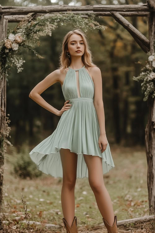 A fashionable woman wearing a pastel green sleeveless midi dress with pleated details and a halter neckline, styled with tan ankle cowboy boots