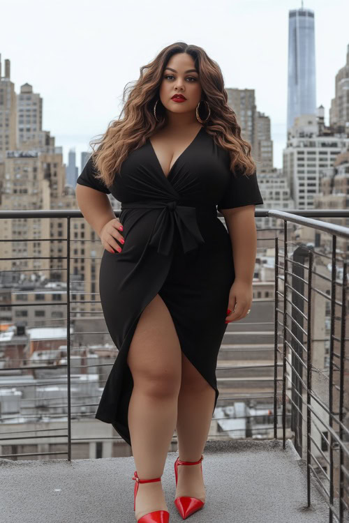 A full-figured woman wearing a black midi wrap dress with a cinched waist, red ankle strap heels, and gold hoop earrings