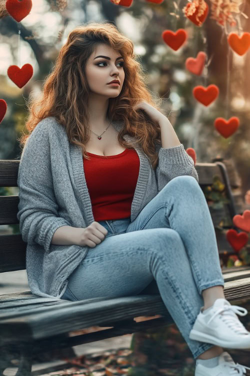 A full-figured woman wearing a gray cardigan over a red top, light-wash jeans, and white sneakers