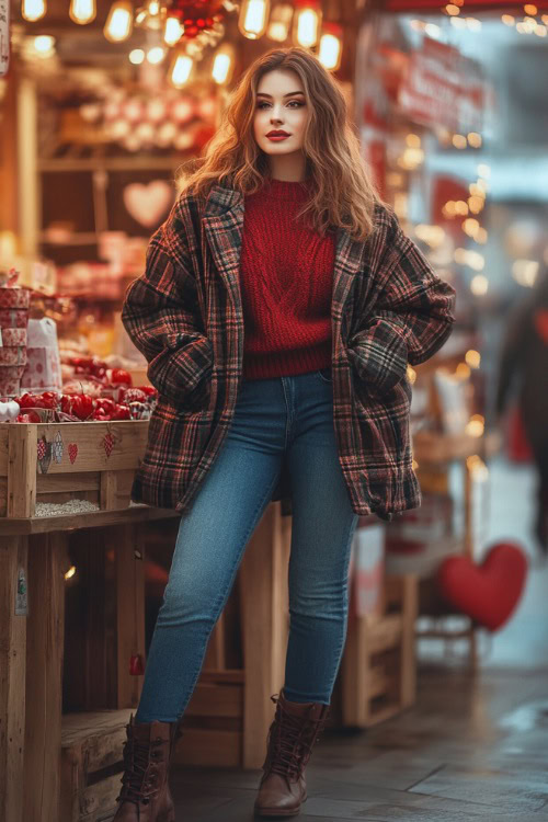 A full-figured woman wearing a plaid oversized jacket over a red sweater, paired with skinny jeans and ankle boots (3)