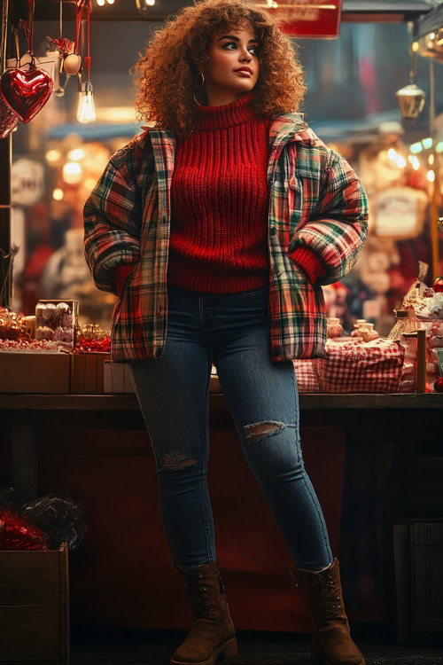 A full-figured woman wearing a plaid oversized jacket over a red sweater, paired with skinny jeans and ankle boots