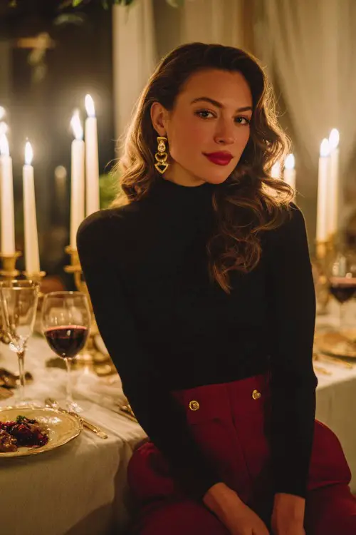 A glamorous woman sitting at a candlelit dinner table with wine glasses and plated desserts, wearing a fitted black turtleneck top and high-waisted red trousers