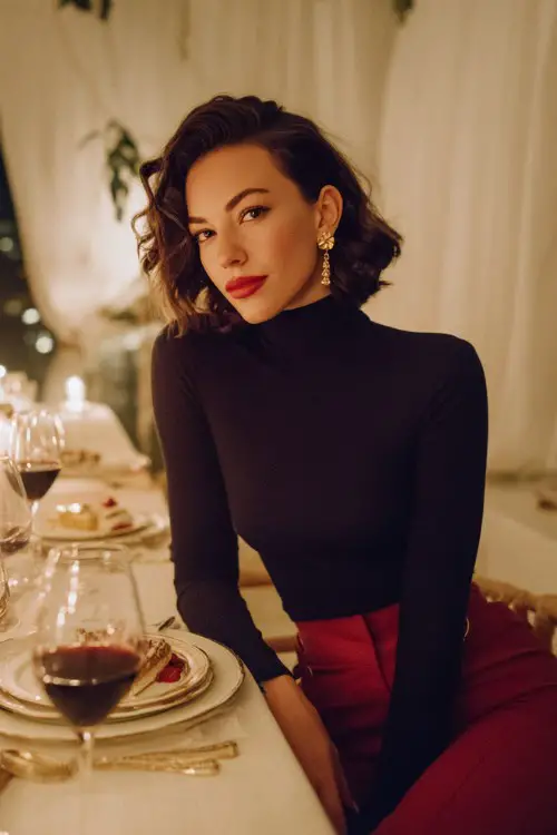 A glamorous woman sitting at a candlelit dinner table with wine glasses and plated desserts, wearing a fitted navy turtleneck top and high-waisted red trousers