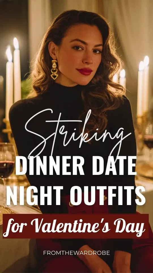 A glamorous woman wearing a fitted black turtleneck top and high-waisted red trousers outfit for dinner date night on Valentine's Day