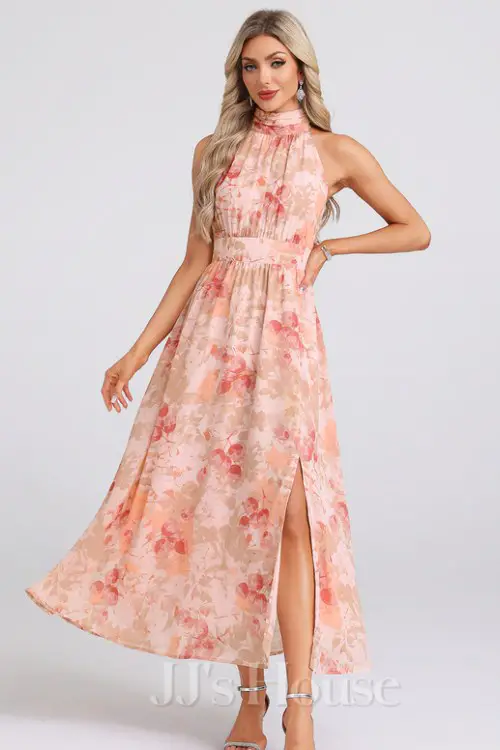 A-line Halter High Neck Tea-Length Chiffon Cocktail Dress With Floral Print