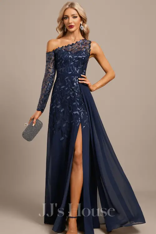 A-line Illusion Asymmetrical Floor-Length Lace Sequin Chiffon Evening Dress With Overskirt