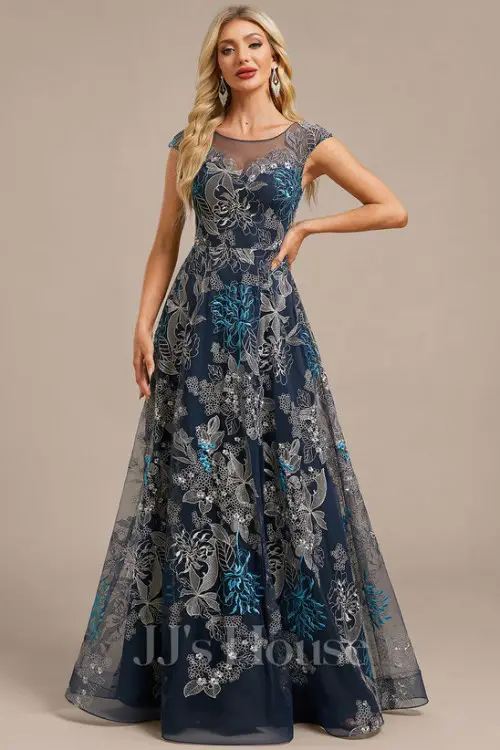 A-line Illusion Scoop Floor-Length Lace Floral Evening Dress