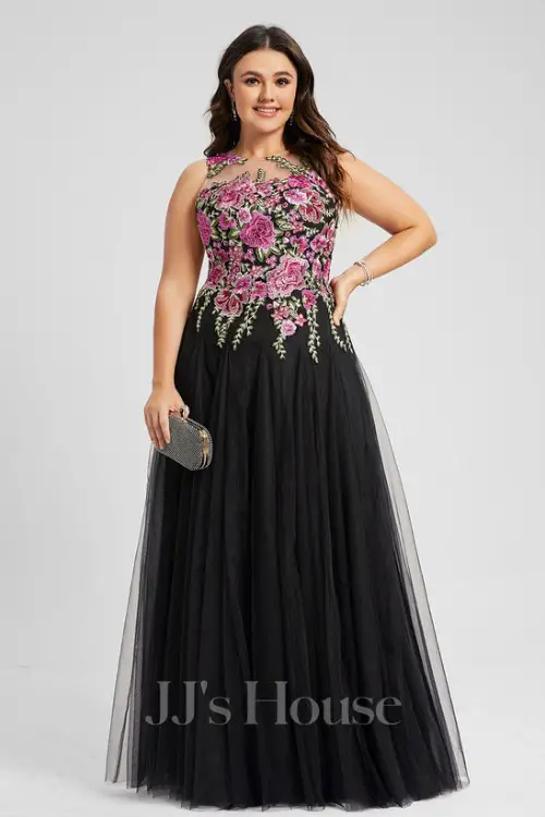 A-line Illusion Scoop Floor-Length Tulle Floral Lace Evening Dress
