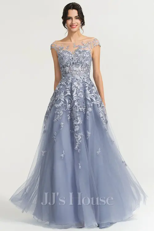 A-line Off the Shoulder Illusion Floor-Length Tulle Lace Evening Dress