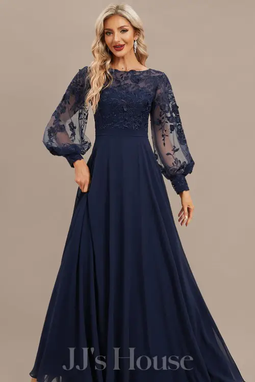 A-line Scoop Illusion Floor-Length Lace Chiffon Evening Dress