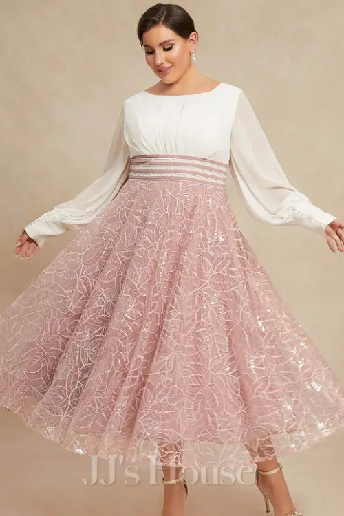 A-line Scoop Tea-Length Chiffon Lace Evening Dress With Beading Pleated Sequins