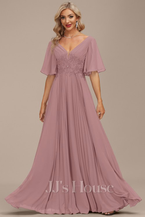 A-line V-Neck Floor-Length Chiffon Mother of the Bride Dress With Sequins Appliques Lace Pleated