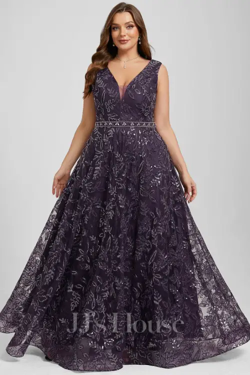 A-line V-Neck Floor-Length Lace Sequin Mother of the Bride Dress With Beading