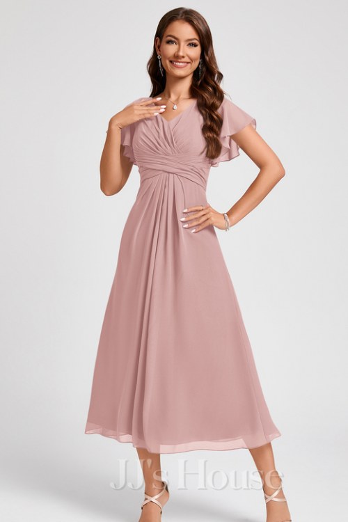 A-line V-Neck Tea-Length Chiffon Cocktail Dress With Ruffle