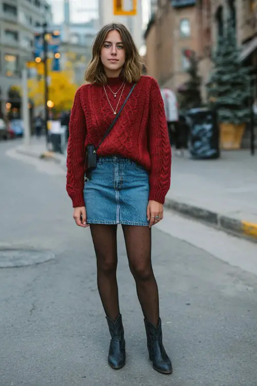 A petite woman wears a cherry red sweater, denim skirt, black tights, and western ankle boots